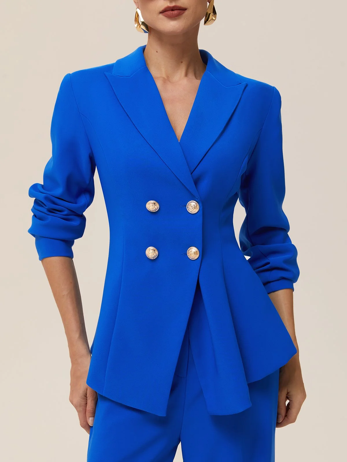 Women Blue Buckle Lapel Collar Long Sleeve Two-Piece Set