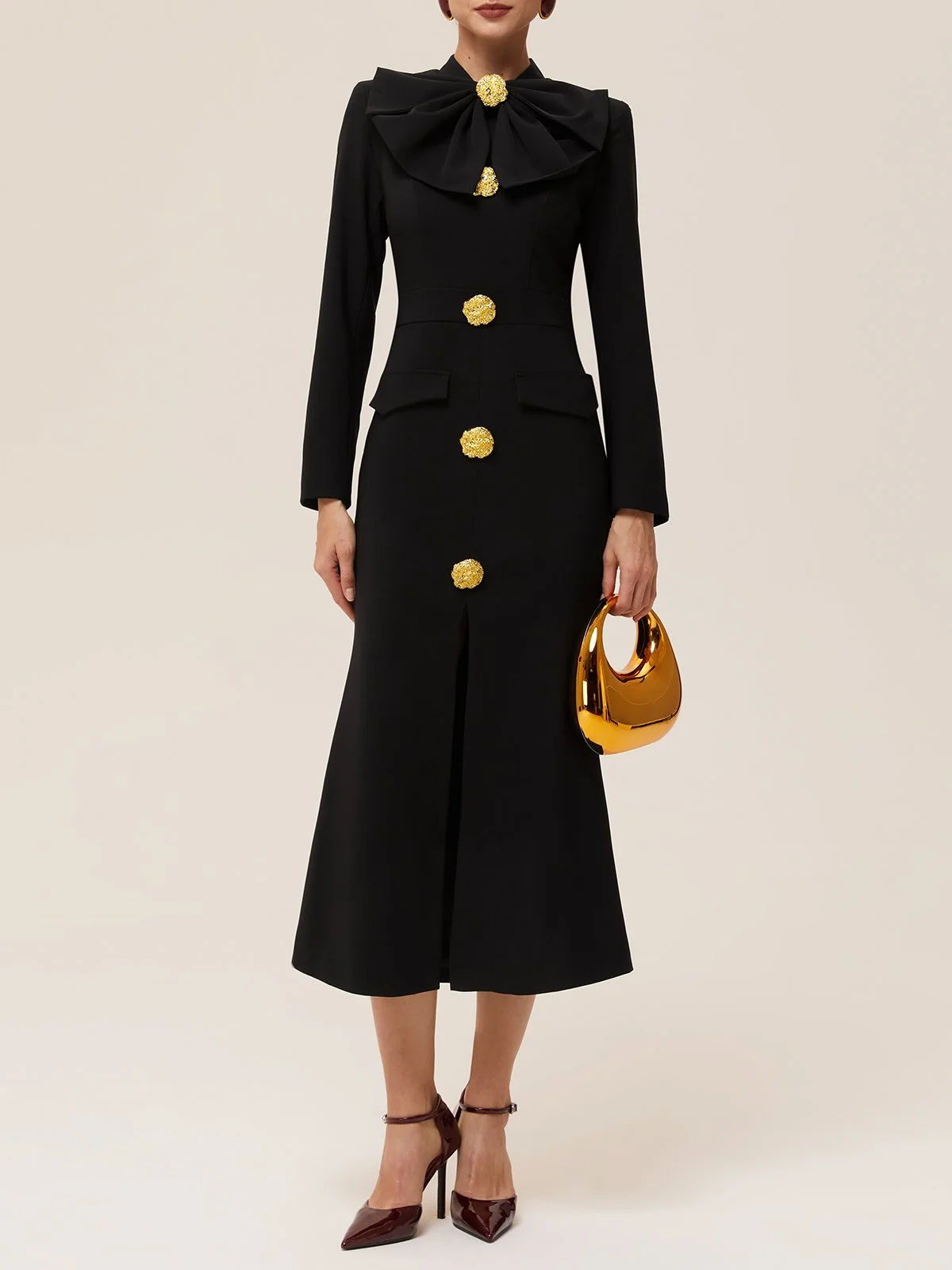 Black Buckle Bow Long Sleeve Sheath Midi Dress