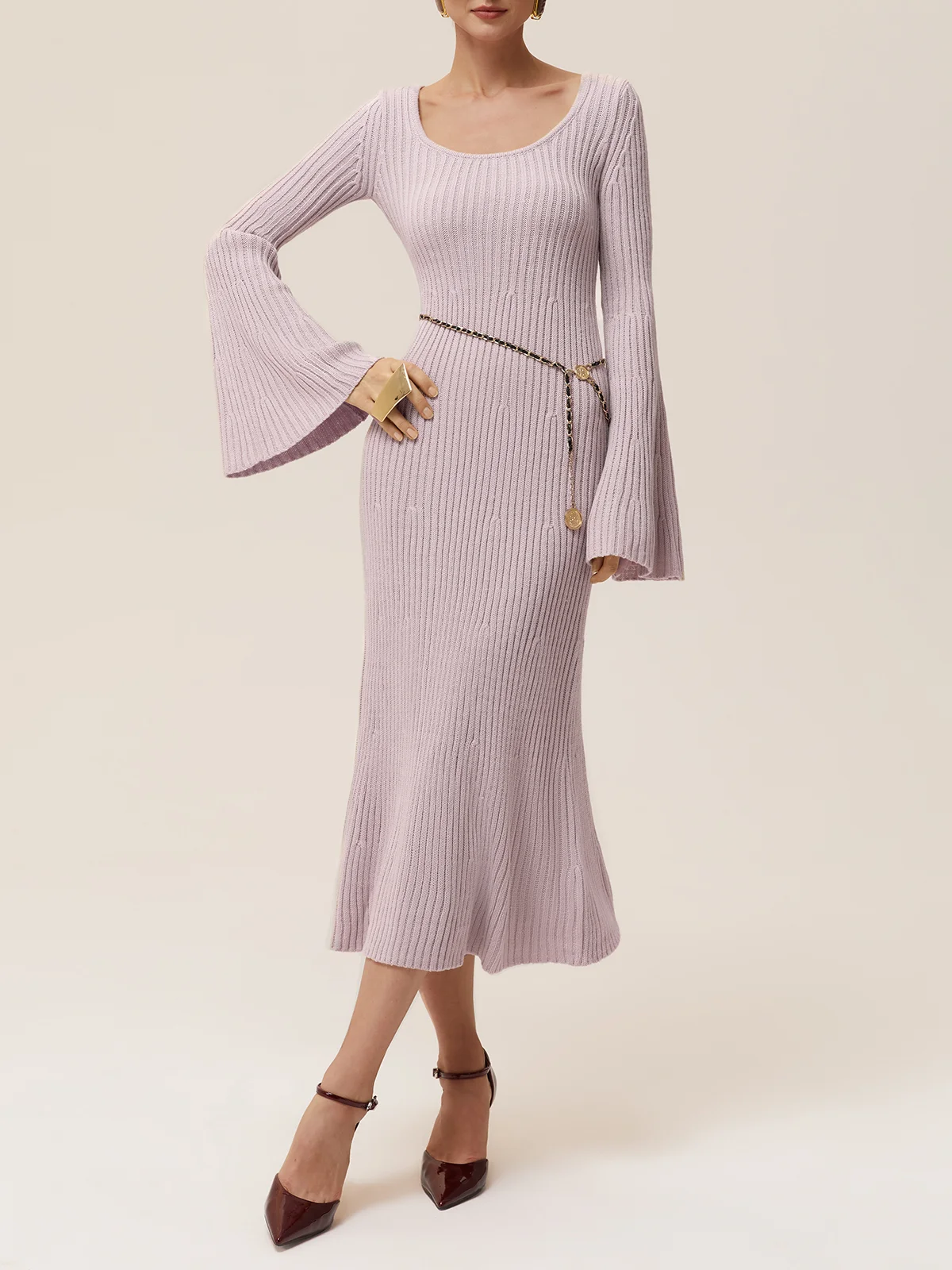 Light Khaki Sweater U-Neck Long Bell Sleeve A-Line Midi Dress