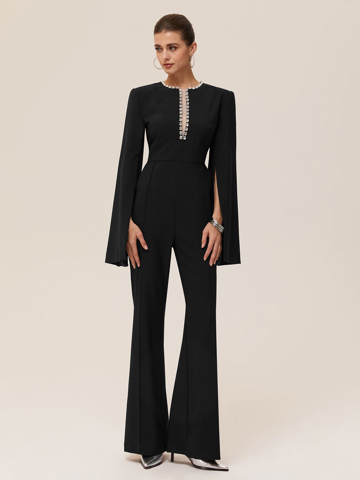 Women Black Rhinestone Split Bell Sleeve Jumpsuit