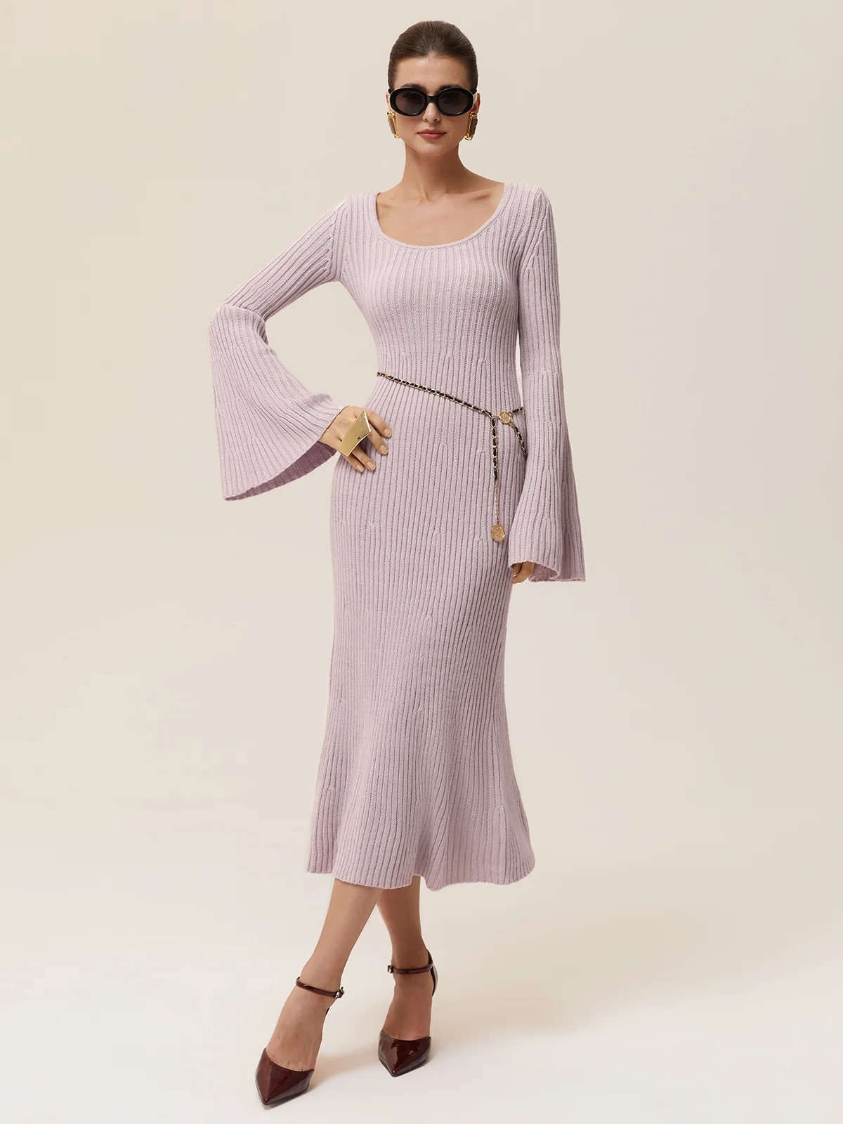 Light Khaki Sweater U-Neck Long Bell Sleeve A-Line Midi Dress