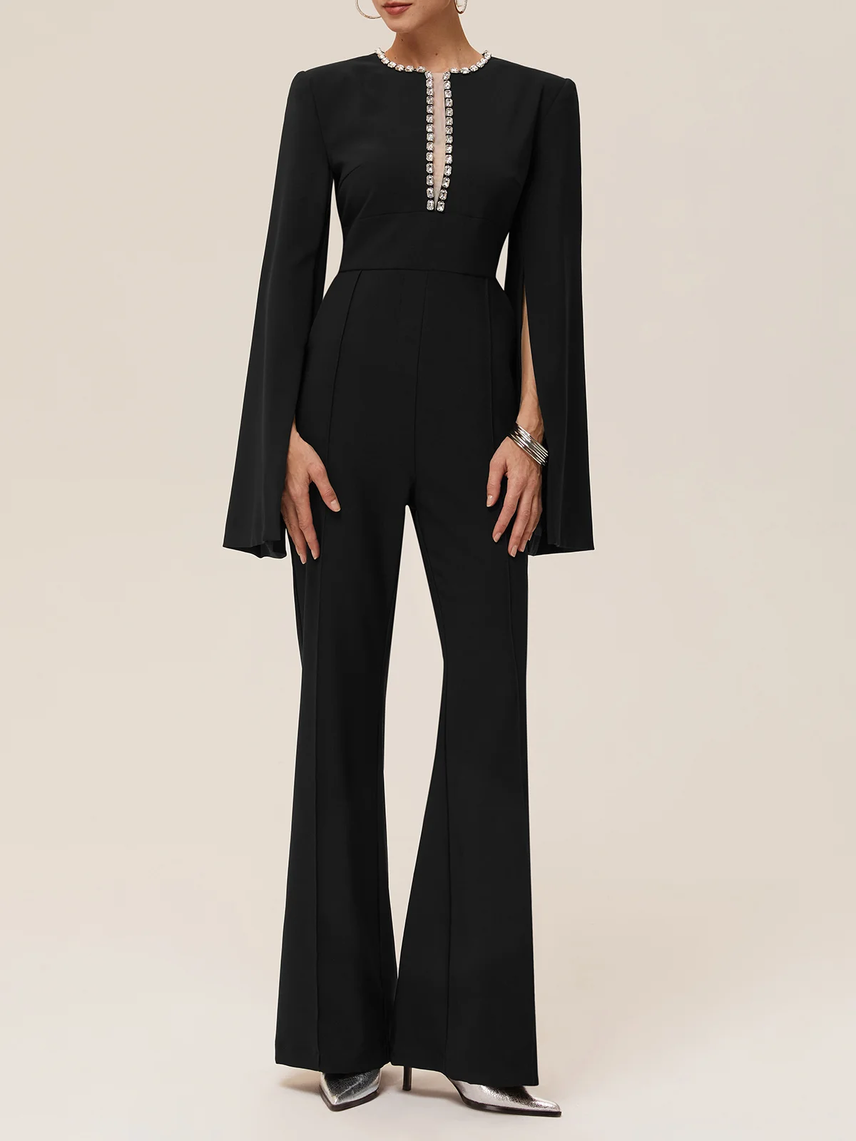 Women Black Rhinestone Split Bell Sleeve Jumpsuit