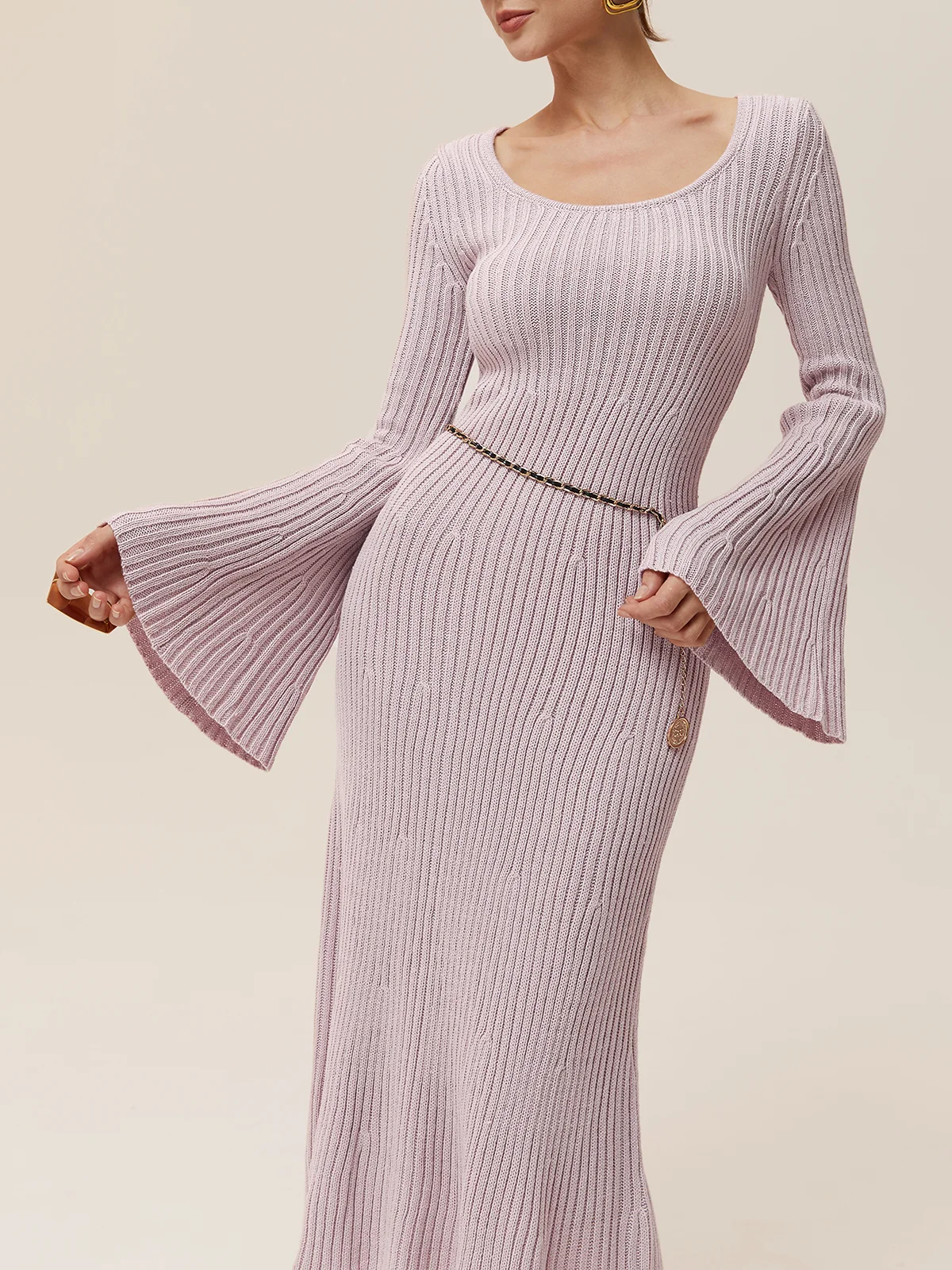 Light Khaki Sweater U-Neck Long Bell Sleeve A-Line Midi Dress