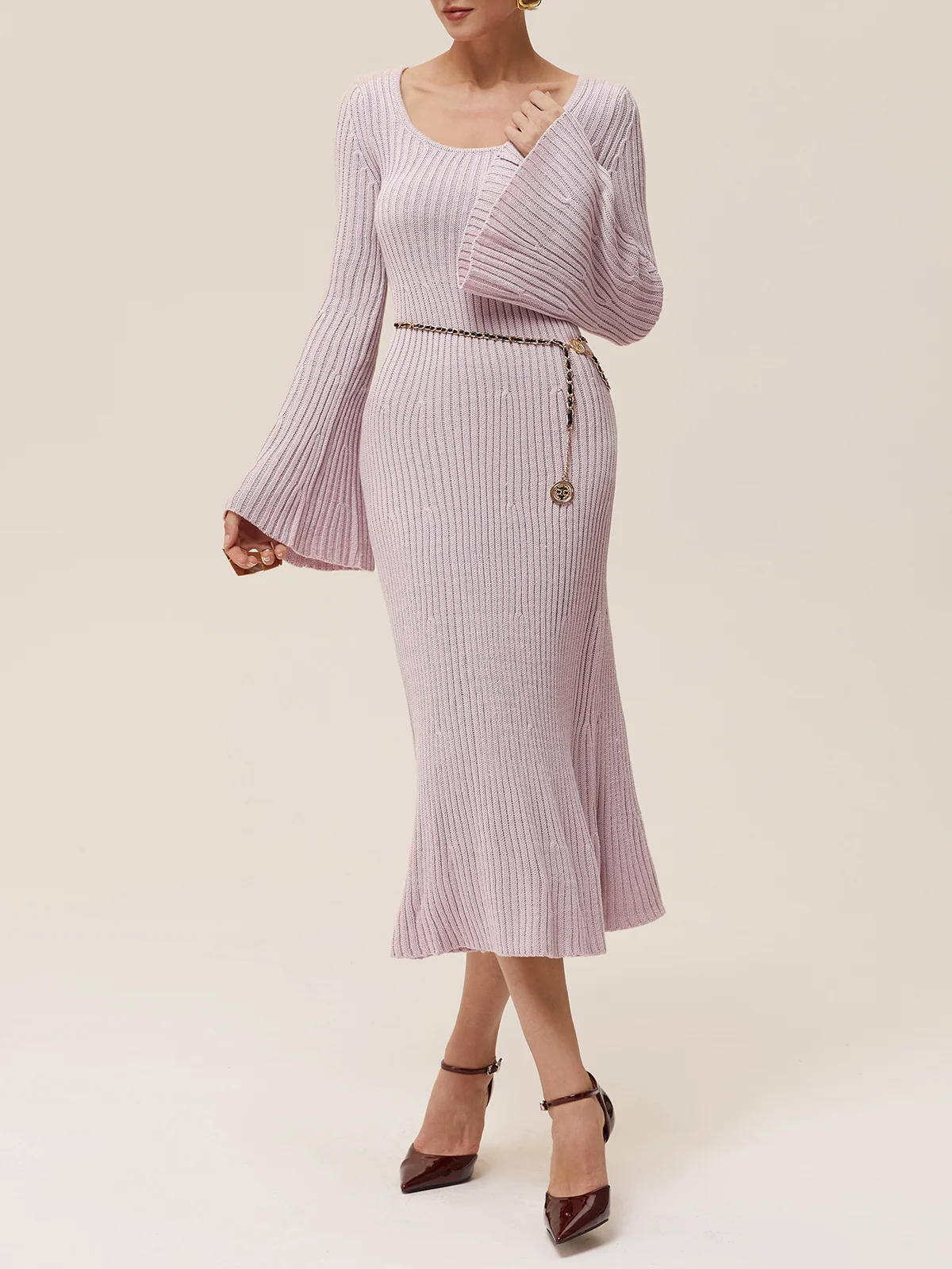 Light Khaki Sweater U-Neck Long Bell Sleeve A-Line Midi Dress