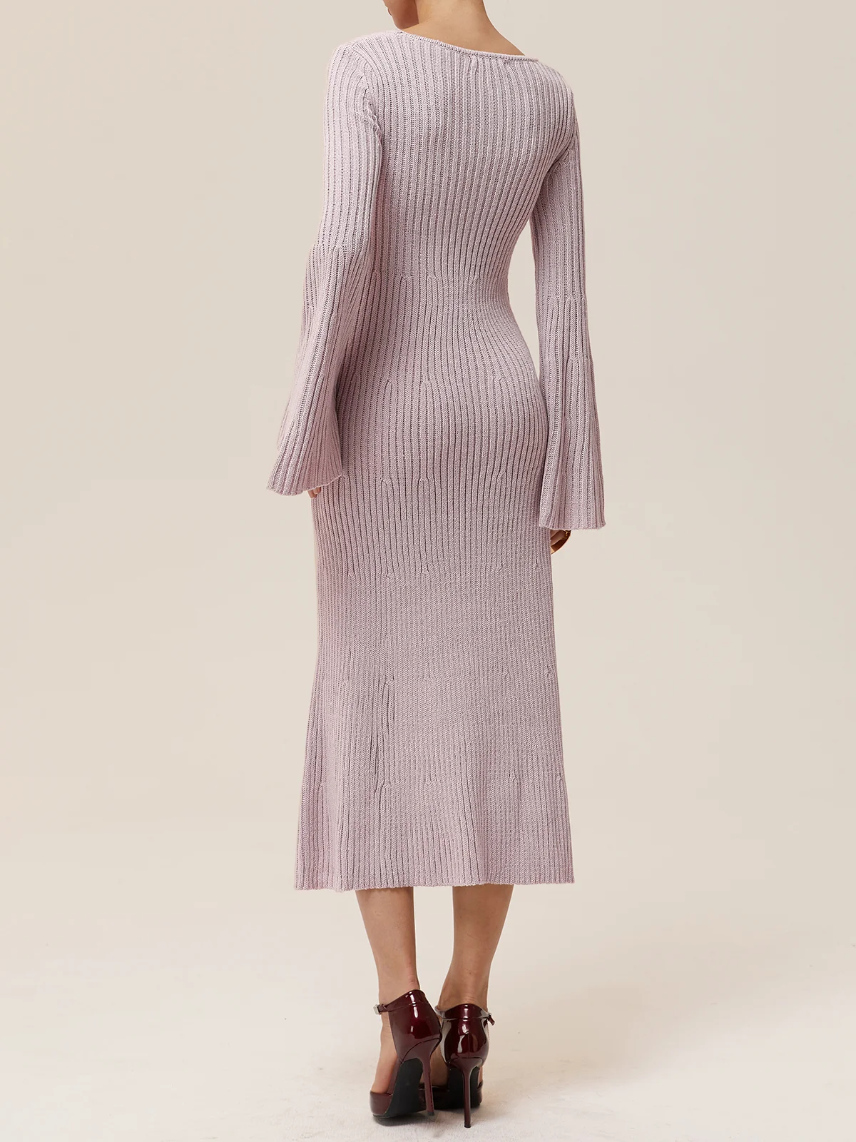 Light Khaki Sweater U-Neck Long Bell Sleeve A-Line Midi Dress