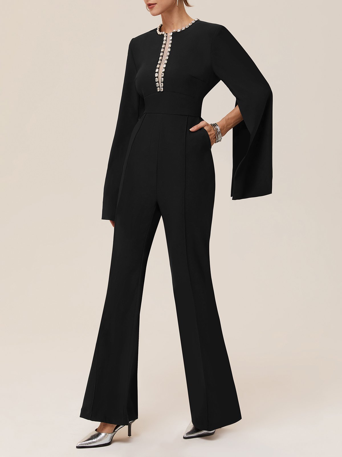 Women Black Rhinestone Split Bell Sleeve Jumpsuit