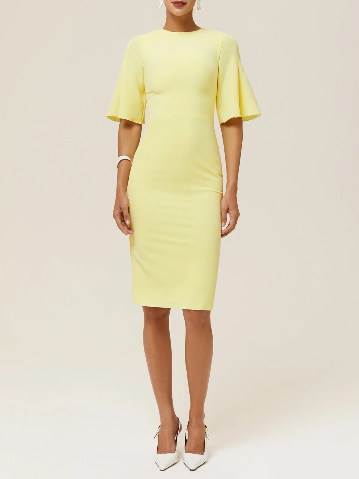 Yellow Zipper Short Sleeve Sheath Midi Dress