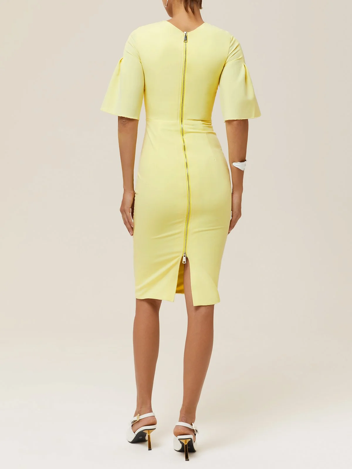 Yellow Zipper Short Sleeve Sheath Midi Dress