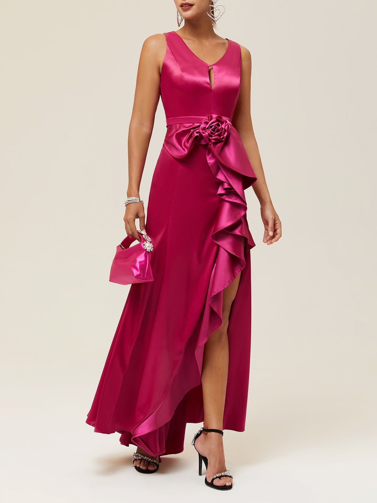Rose Red Ruched 3D Floral A-Line Gown Satin Dress