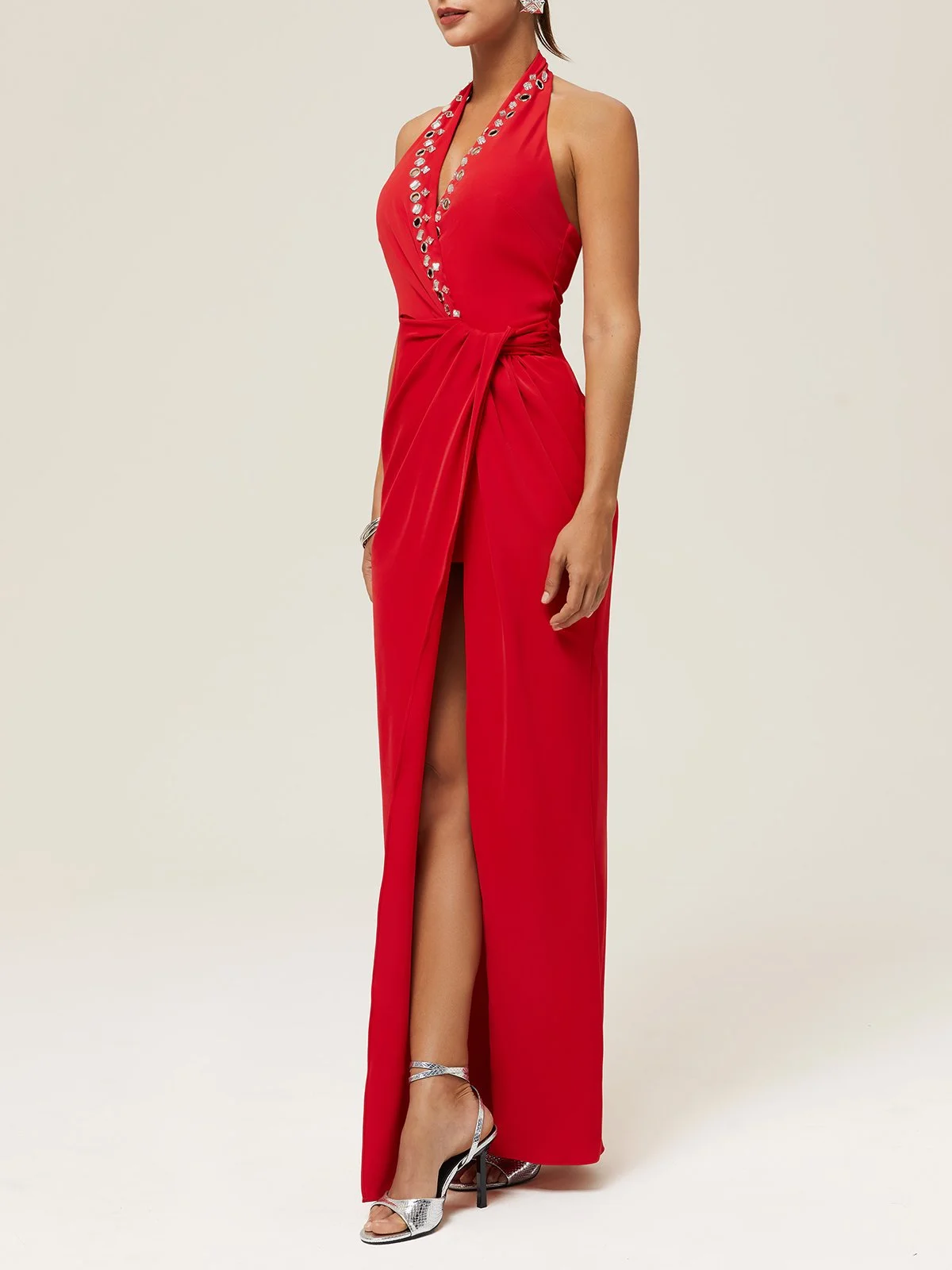 Red Halter Rhinestones Knot Front Slit Sheath Maxi Dress