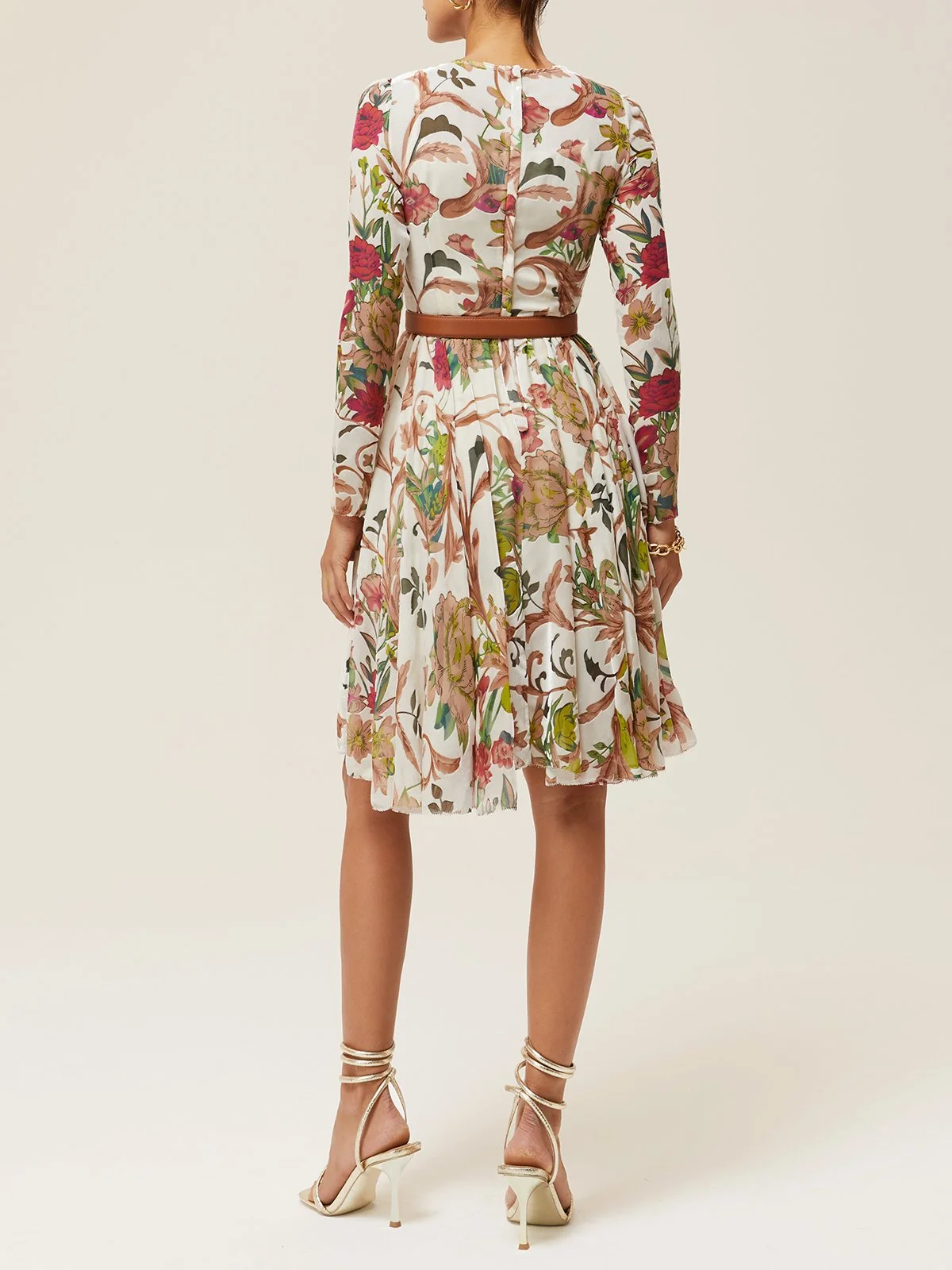 Off White Floral Long Sleeve A-Line Midi Dress