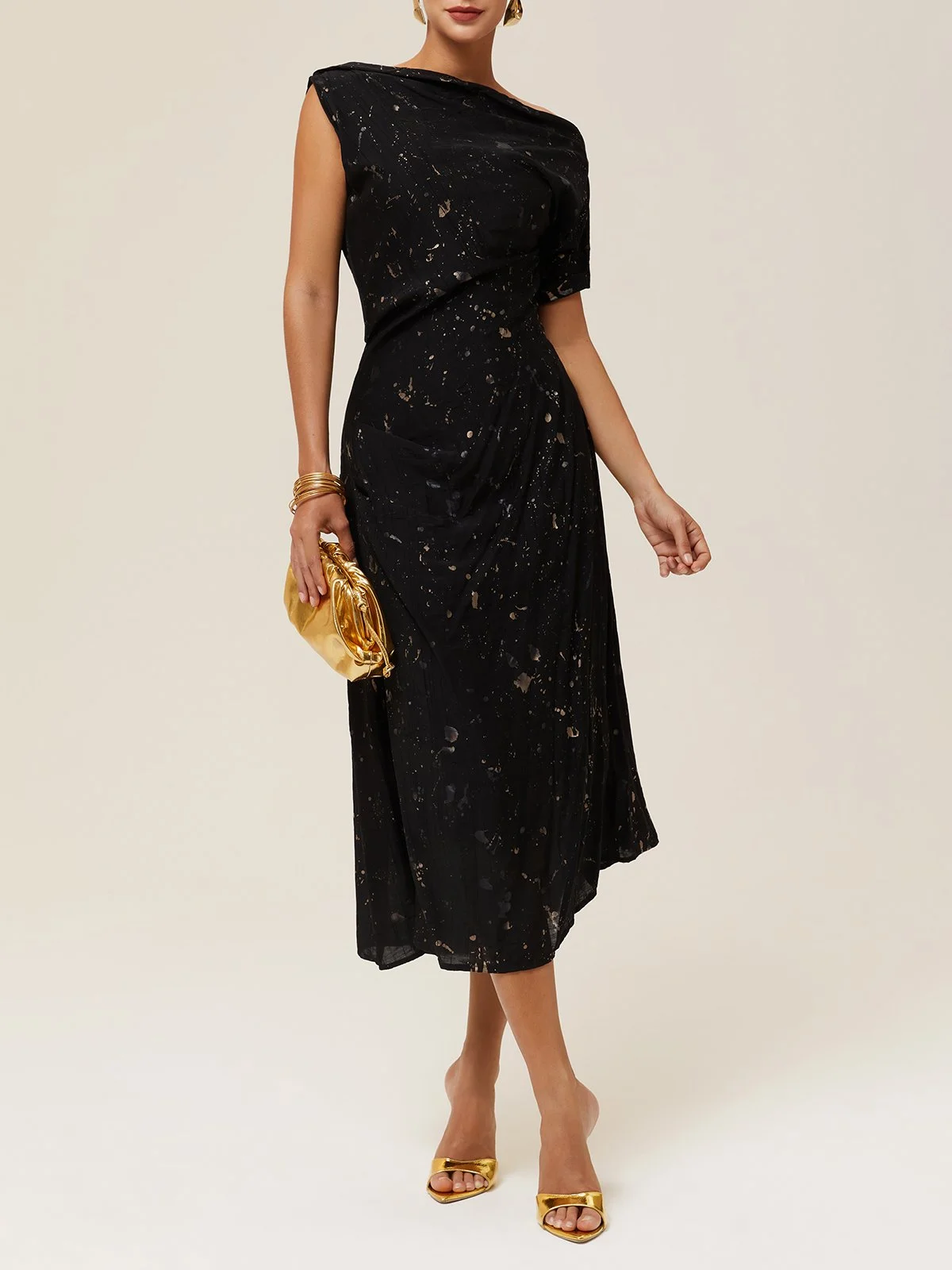 Black Stamped Bronzing Classic One Shoulder Sleeveless A-Line Midi Dress