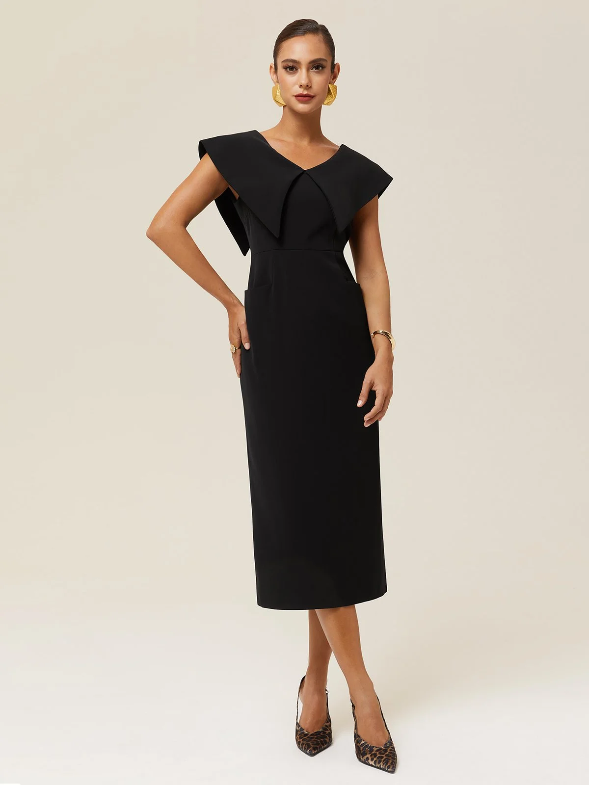 Black Shawl Collar Midi Sheath Dress 