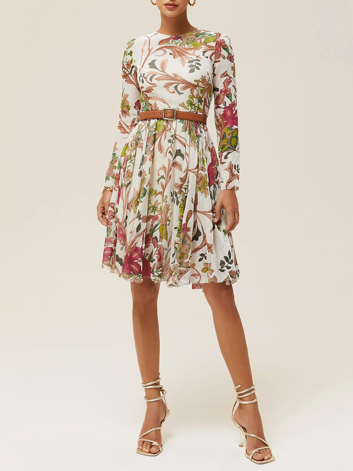 Off White Floral Long Sleeve A-Line Midi Dress