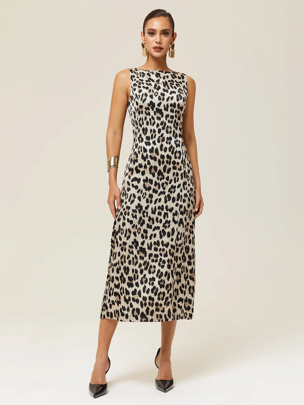 Brown Leopard Sleeveless A-Line Maxi Dress