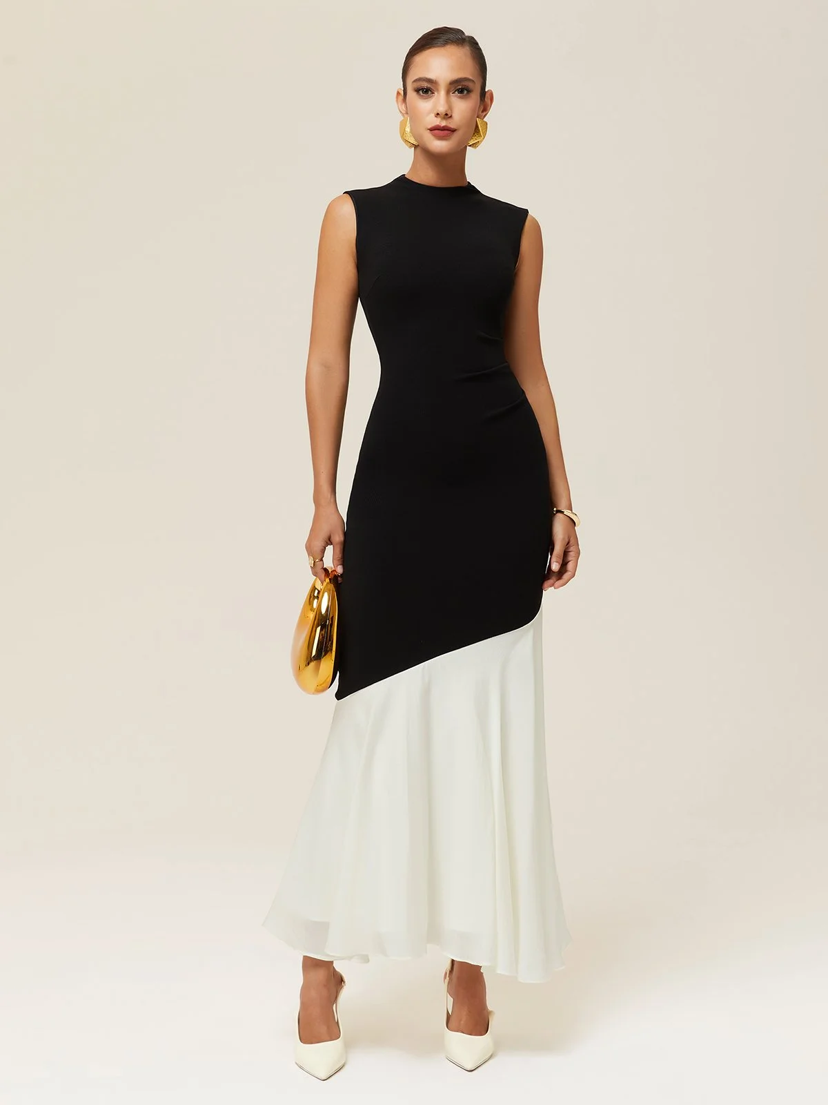 Black Chiffon Color Block Crew Neck Sleeveless Sheath Midi Dress