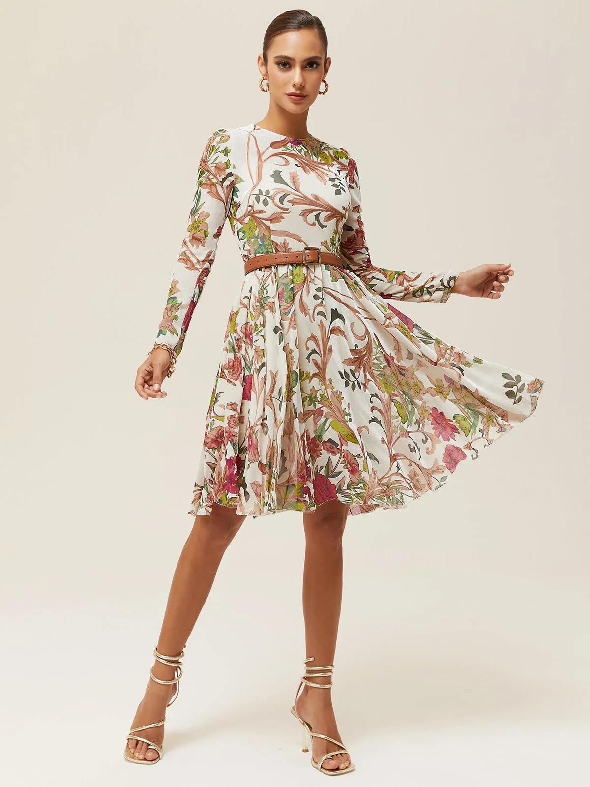 Off White Floral Long Sleeve A-Line Midi Dress