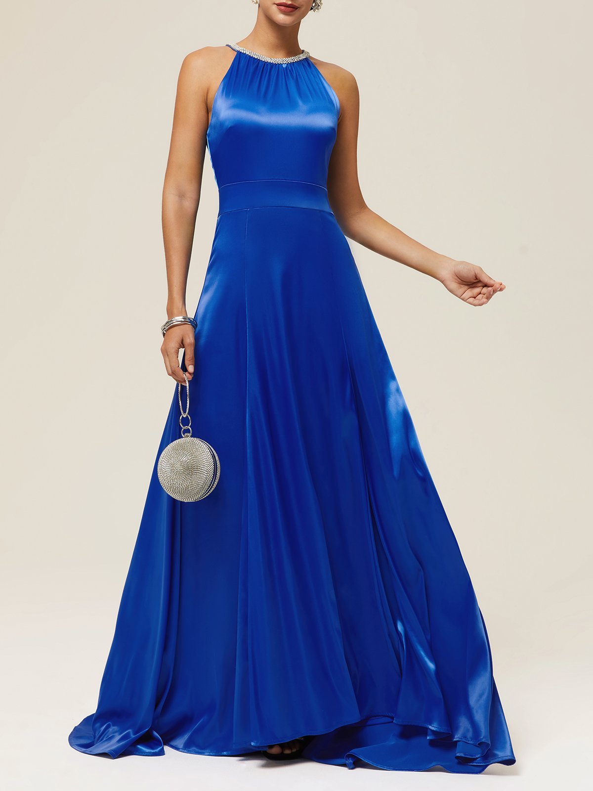 Blue Rhinestone Halter Sleeveless A-Line gown