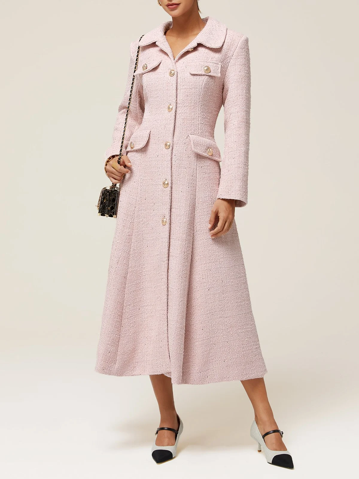 Pink Tweed Buckle Shawl Collar Long Sleeve A-Line Blazer Midi Dress