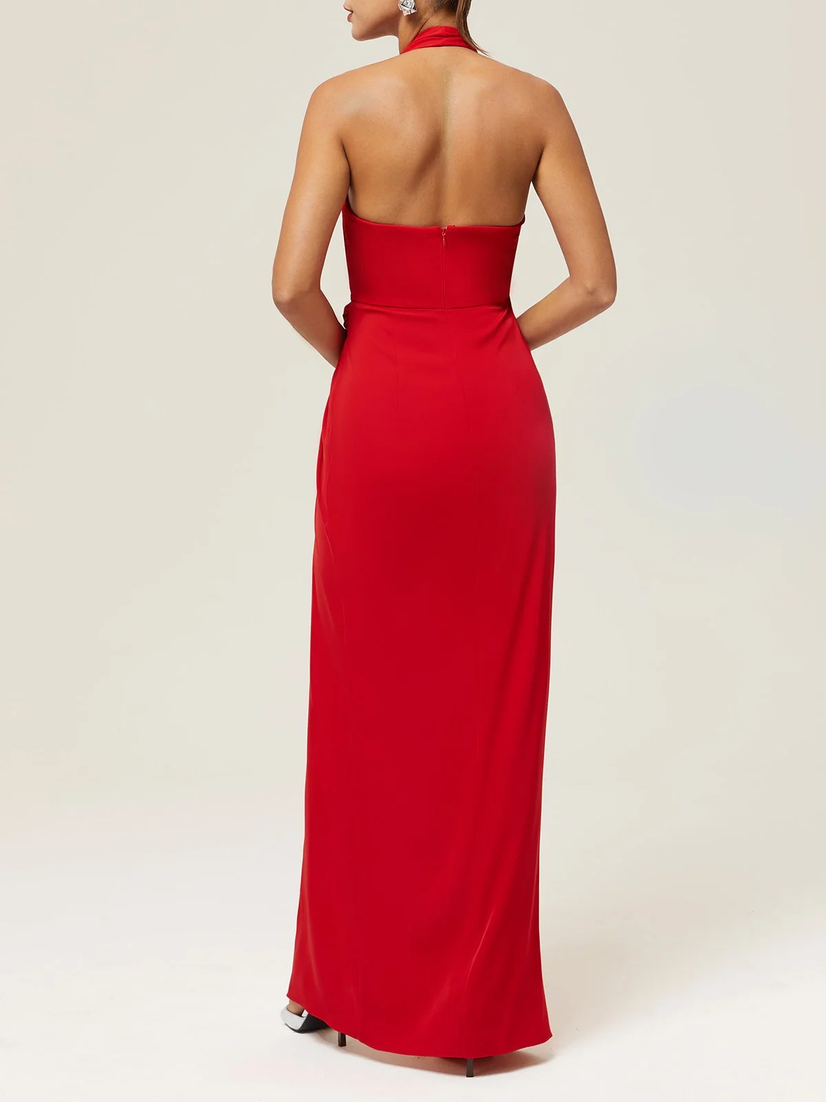 Red Halter Rhinestones Knot Front Slit Sheath Maxi Dress