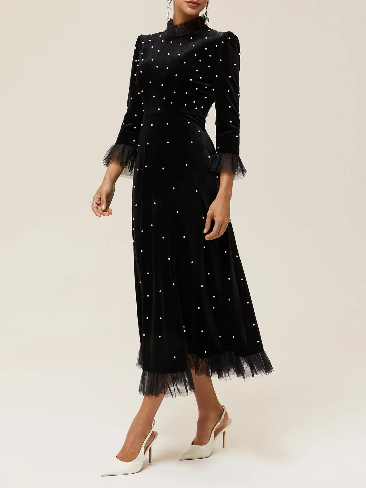 Black Beaded Velvet Mock Neck Three Quarter Sleeve A-Line Midi Dress