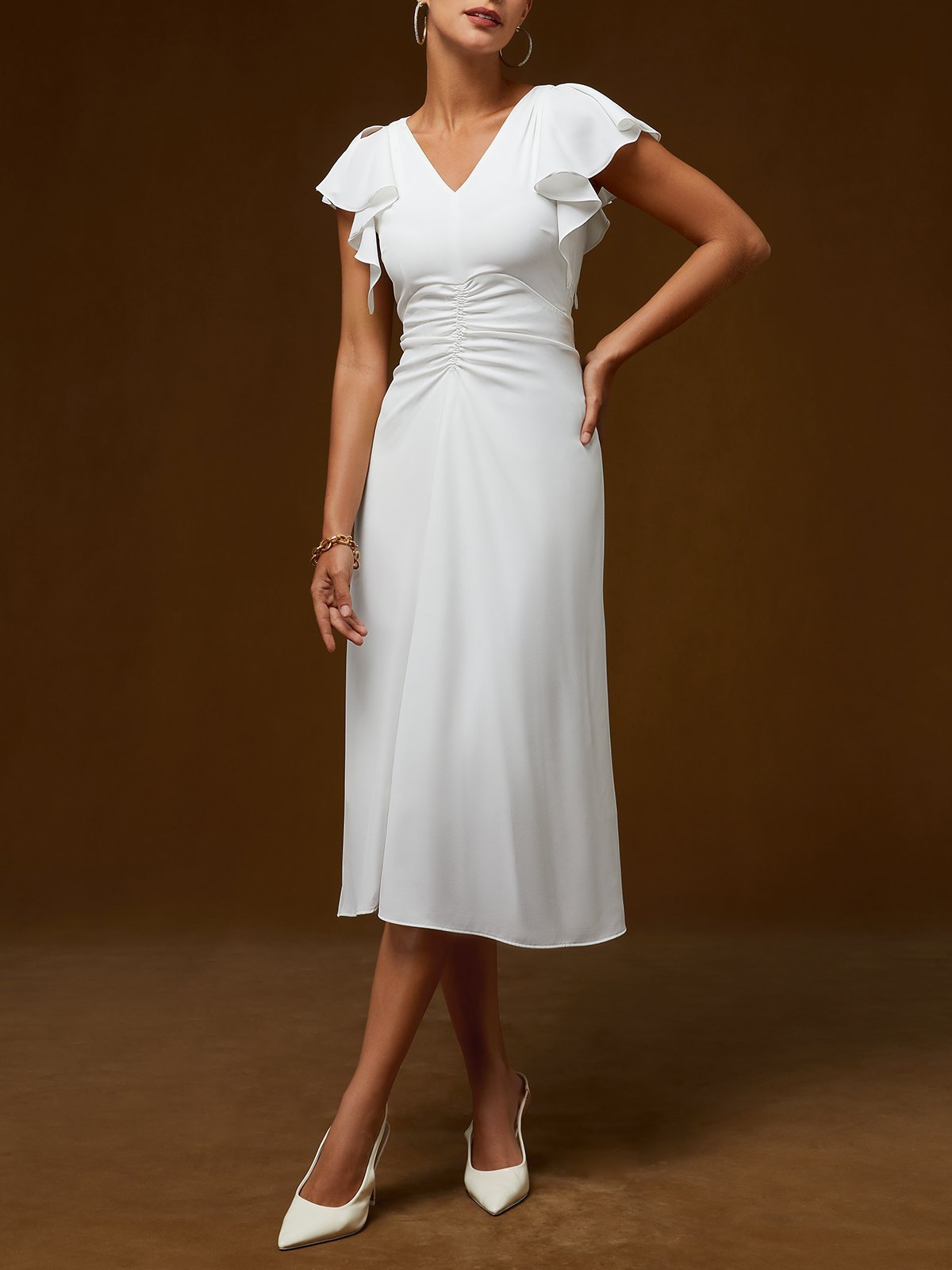 White Peplum V Neck Sleeveless A-Line Midi Dress