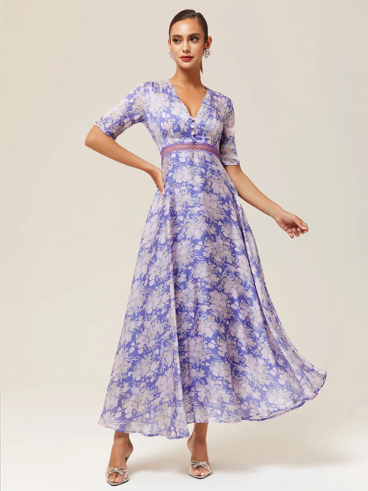 Purple Floral Short Sleeve A-Line Maxi Chiffon Dress