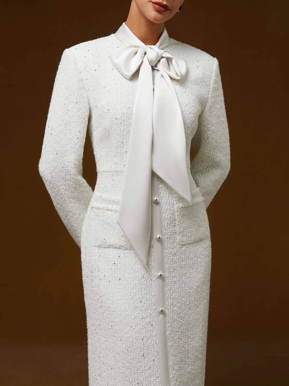 White Bow Long Sleeve Sheath Midi Tweed Blazer Dress