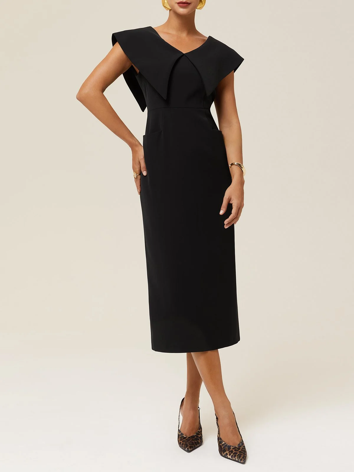 Black Shawl Collar Midi Sheath Dress 