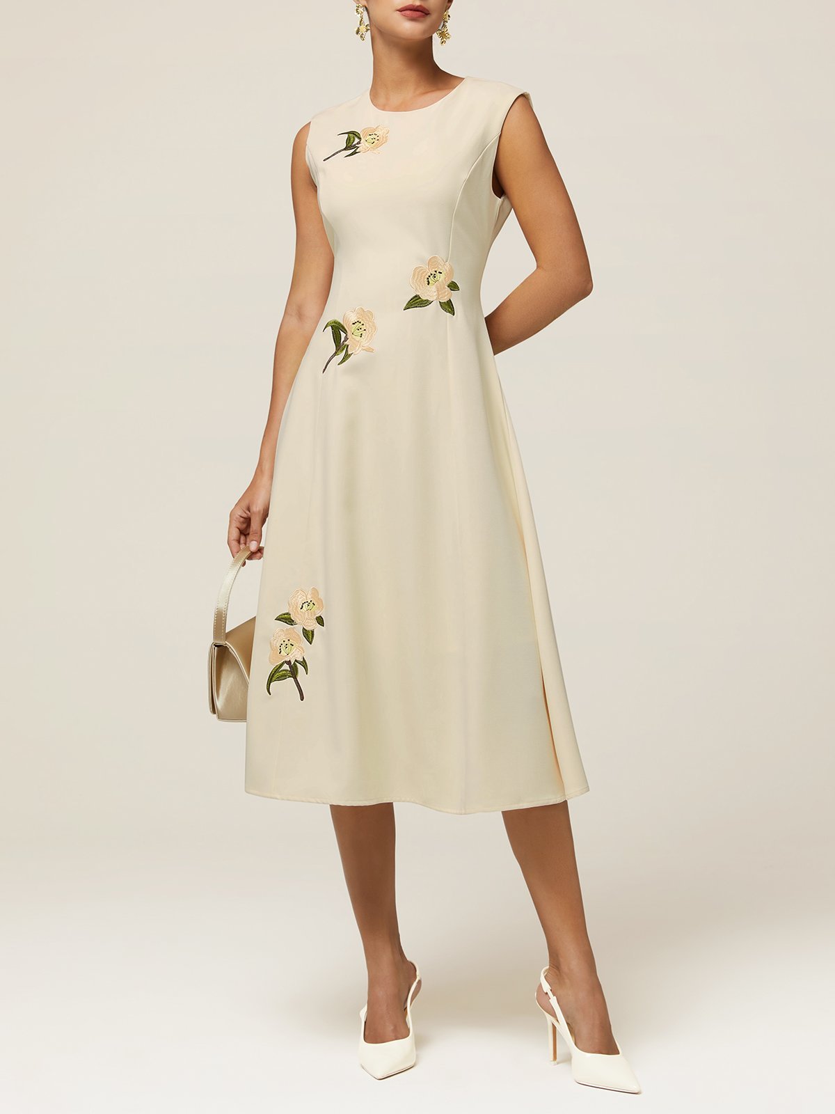 Off White Floral  Embroidery A-Line Midi Dress