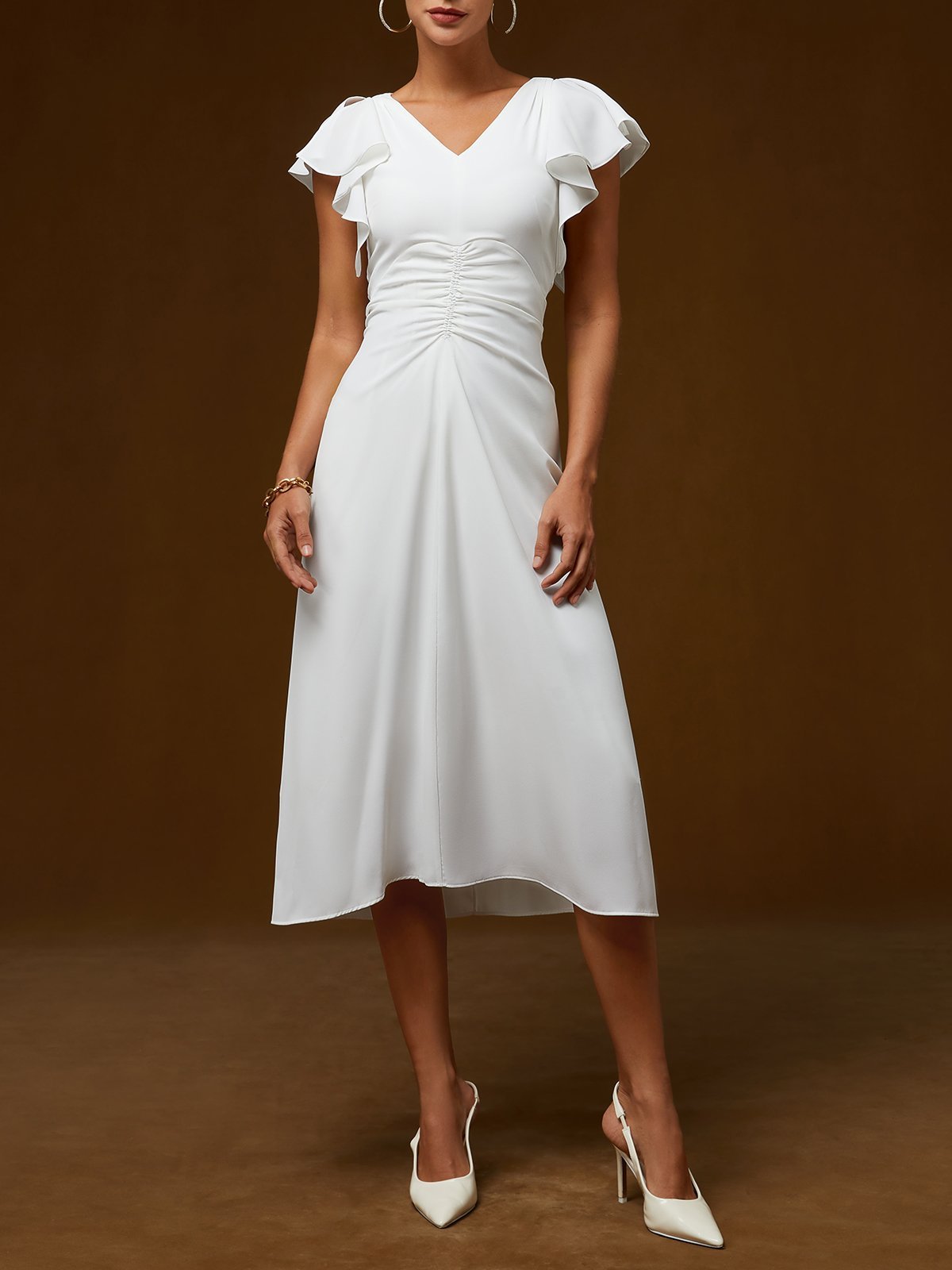 White Peplum V Neck Sleeveless A-Line Midi Dress