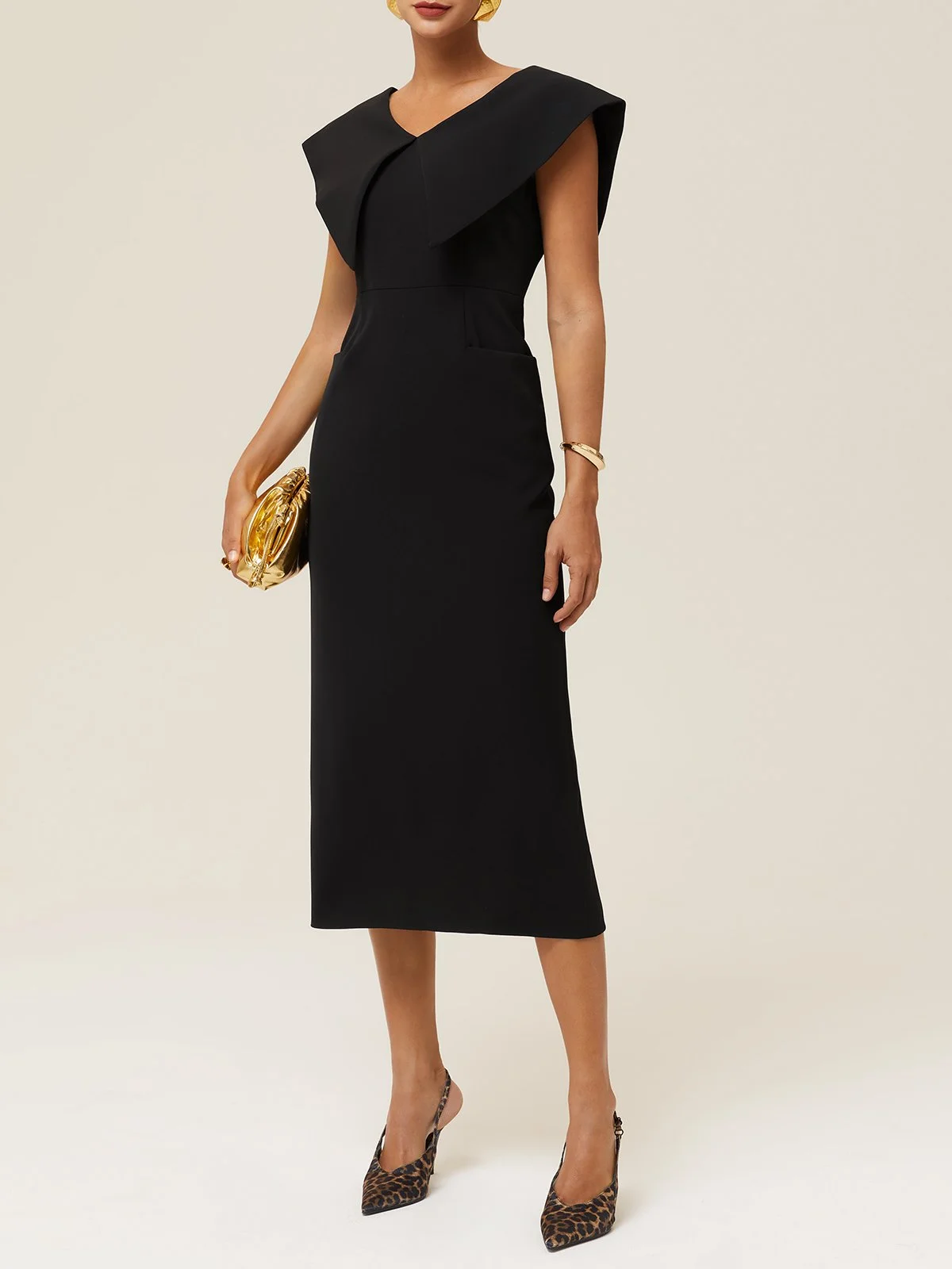 Black Shawl Collar Midi Sheath Dress 