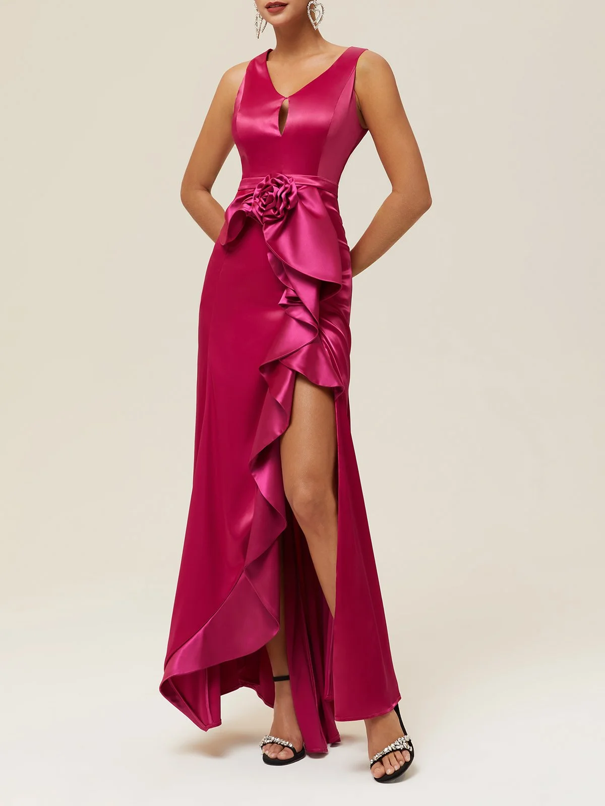 Rose Red 3D Floral V Neck Sleeveless Slit Satin A-Line Gown