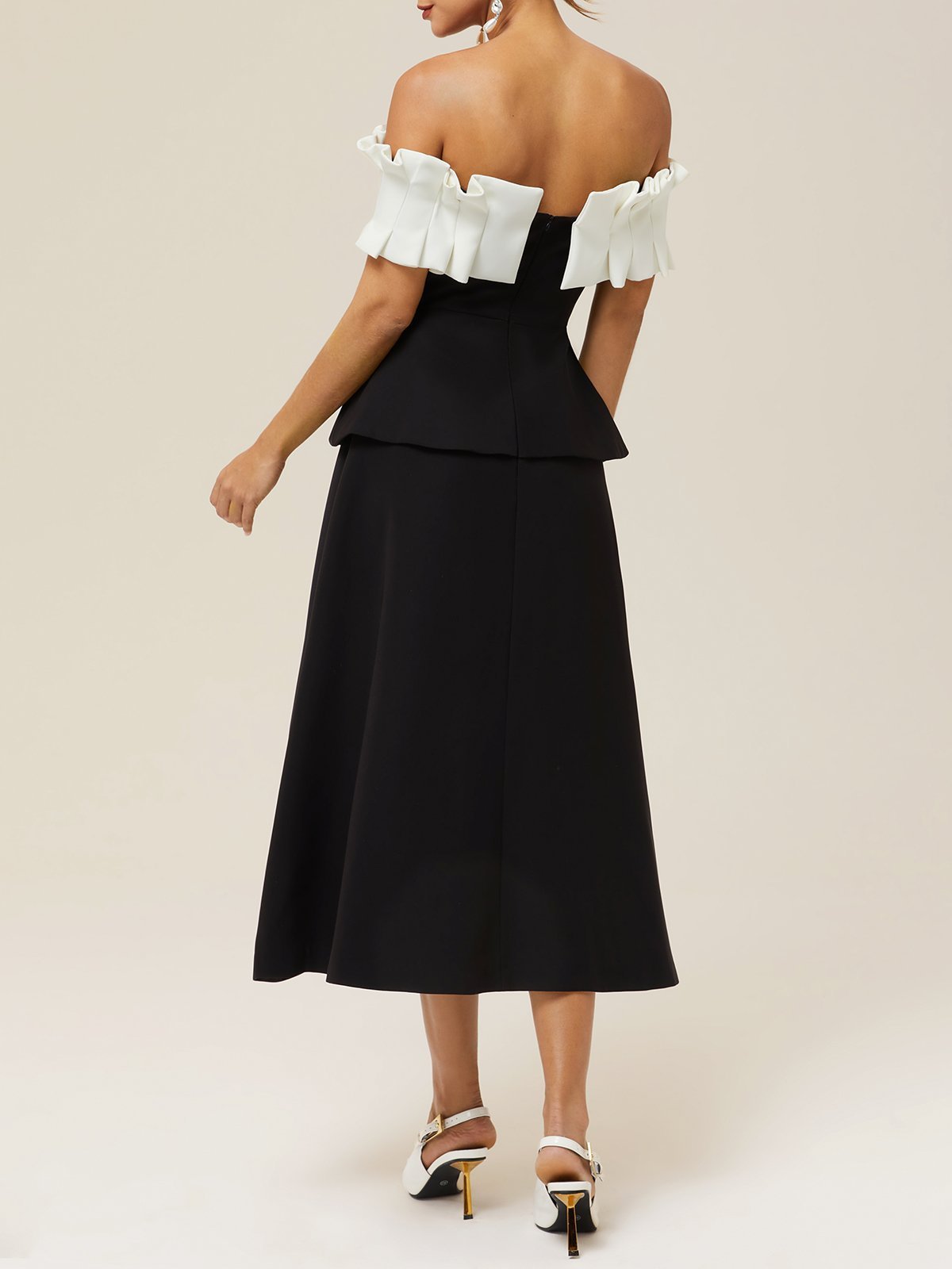 Black Ruched Classic Off The Shoulder Short Sleeve A-Line Midi Dress