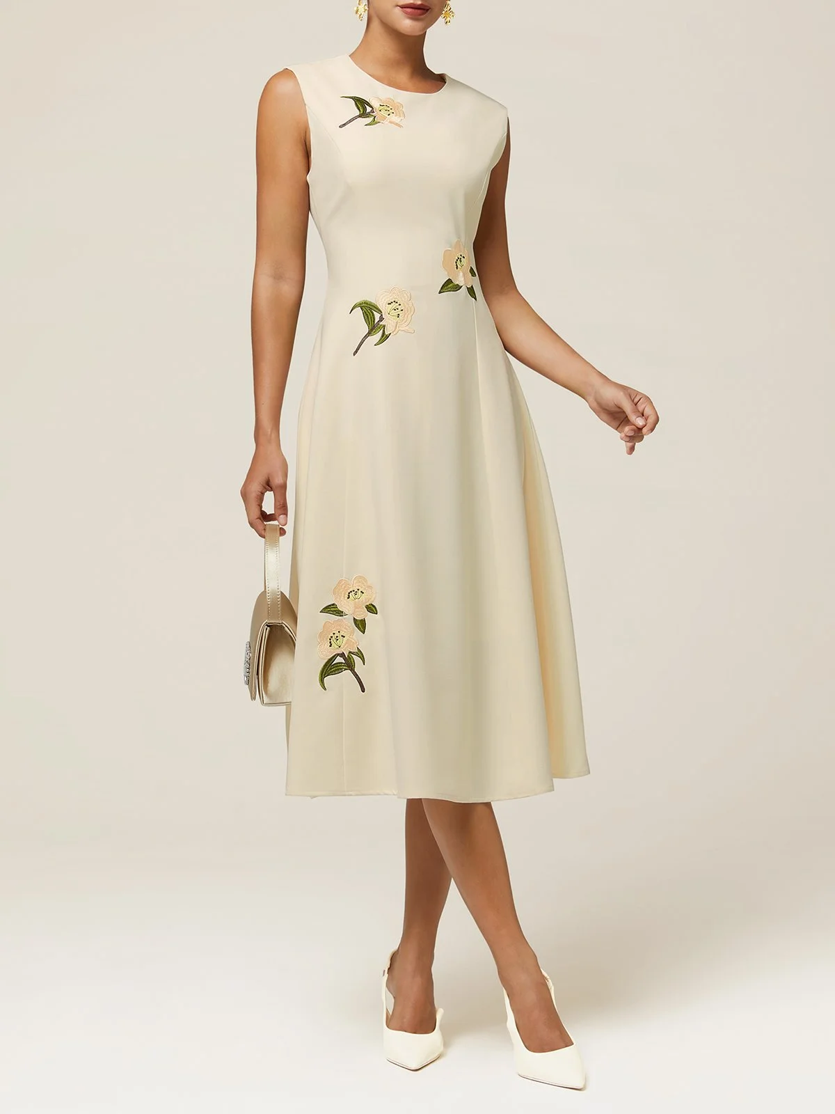 Off White Floral  Embroidery A-Line Midi Dress