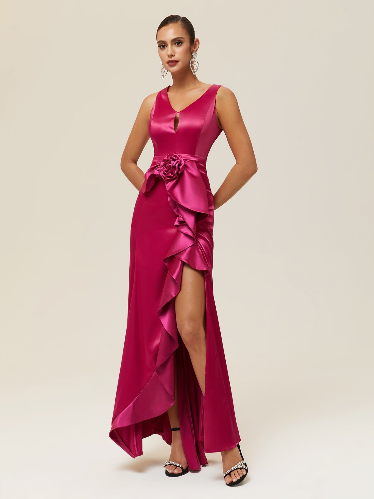 Rose Red Ruched 3D Floral A-Line Gown Satin Dress