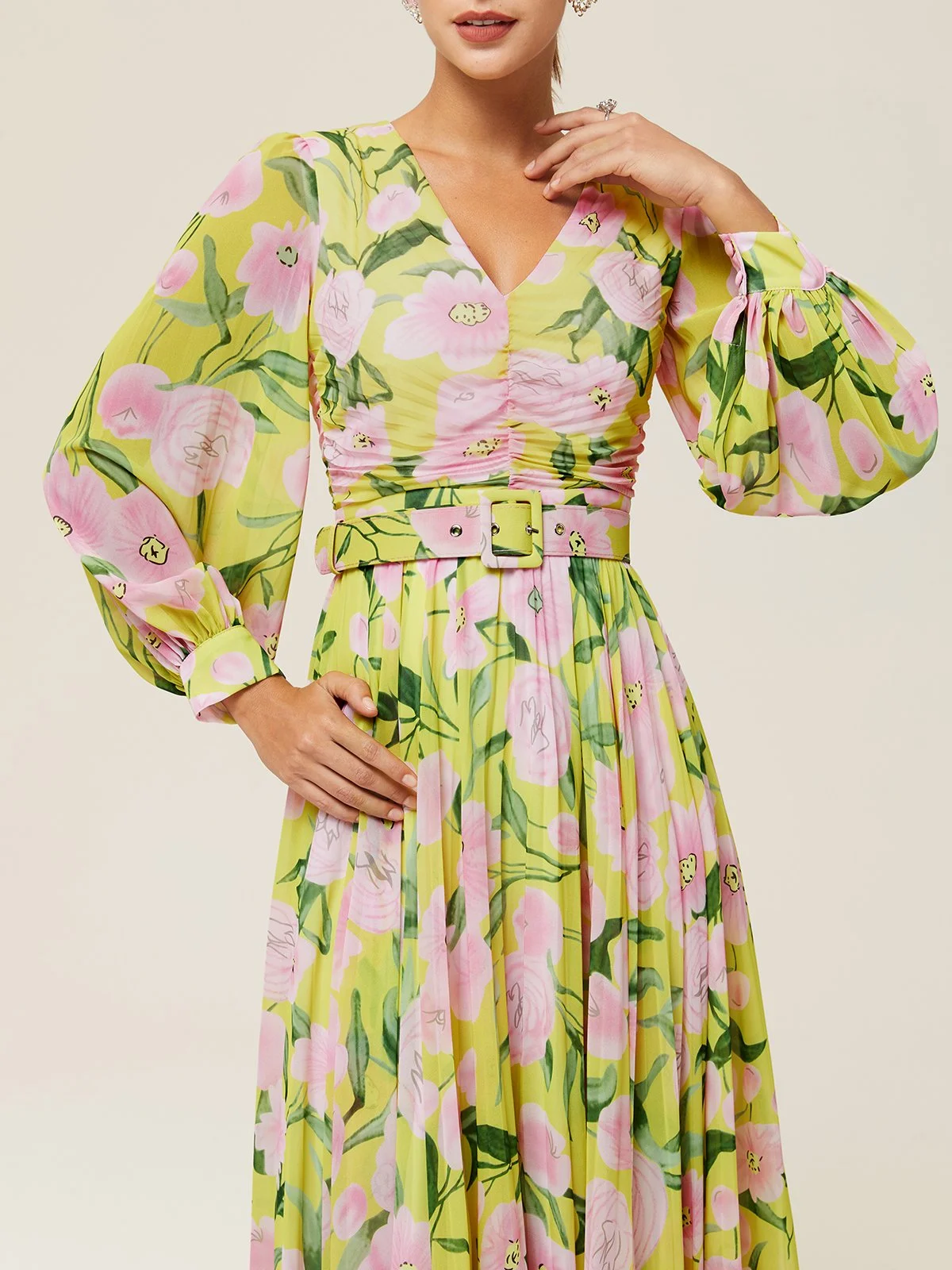 Yellow Floral Pleated Chiffon V Neck Long Sleeve Balloon Sleeve A-Line Maxi Dress