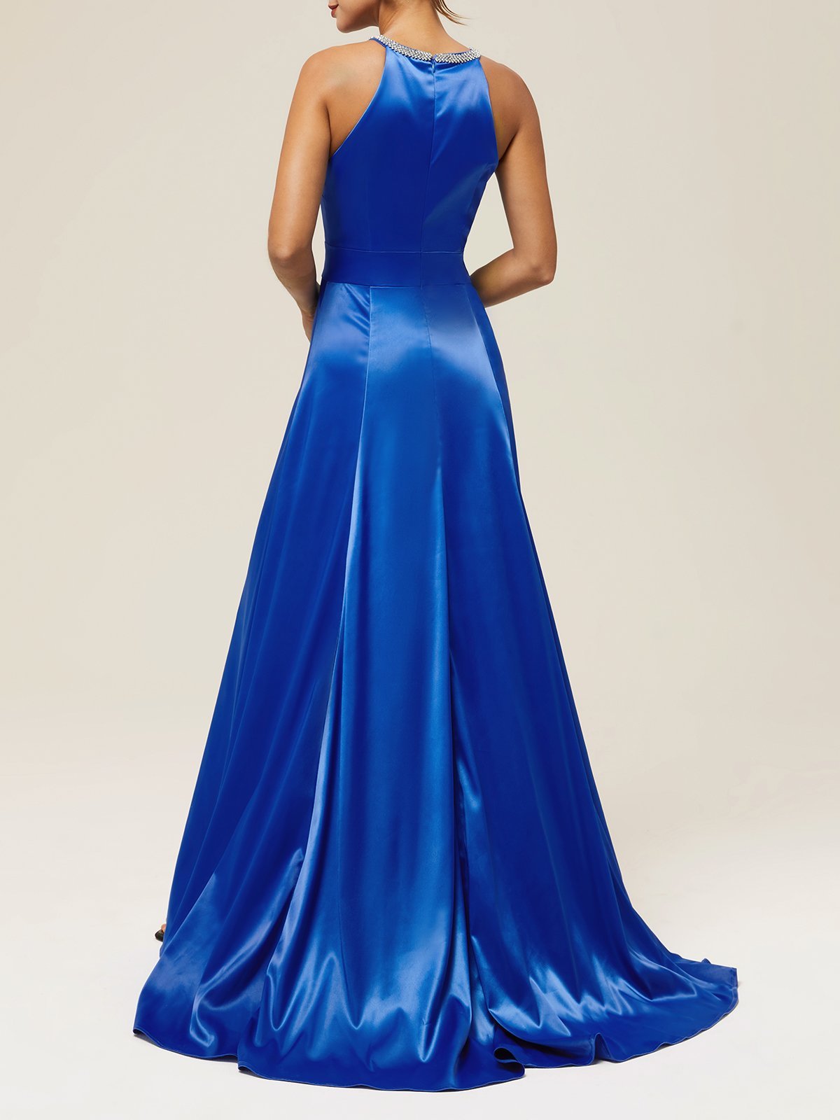 Blue Rhinestone Halter Sleeveless A-Line gown