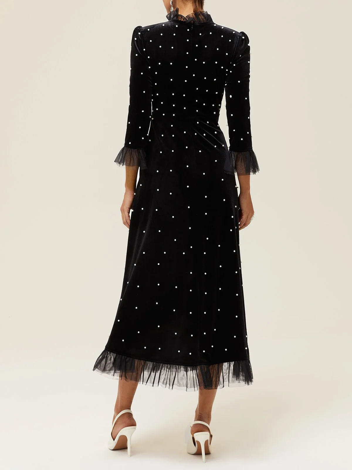 Black Beaded Velvet Mock Neck Three Quarter Sleeve A-Line Midi Dress