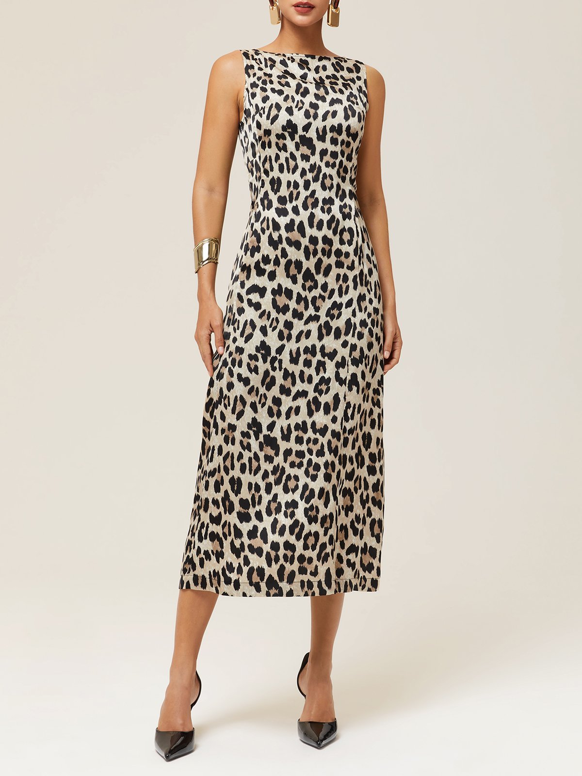 Brown Leopard Sleeveless A-Line Maxi Dress