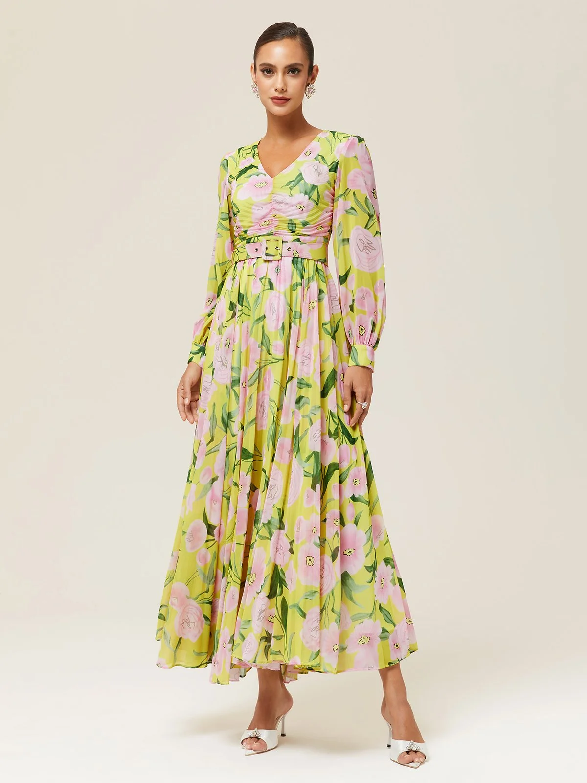 Yellow Floral Pleated Chiffon V Neck Long Sleeve Balloon Sleeve A-Line Maxi Dress