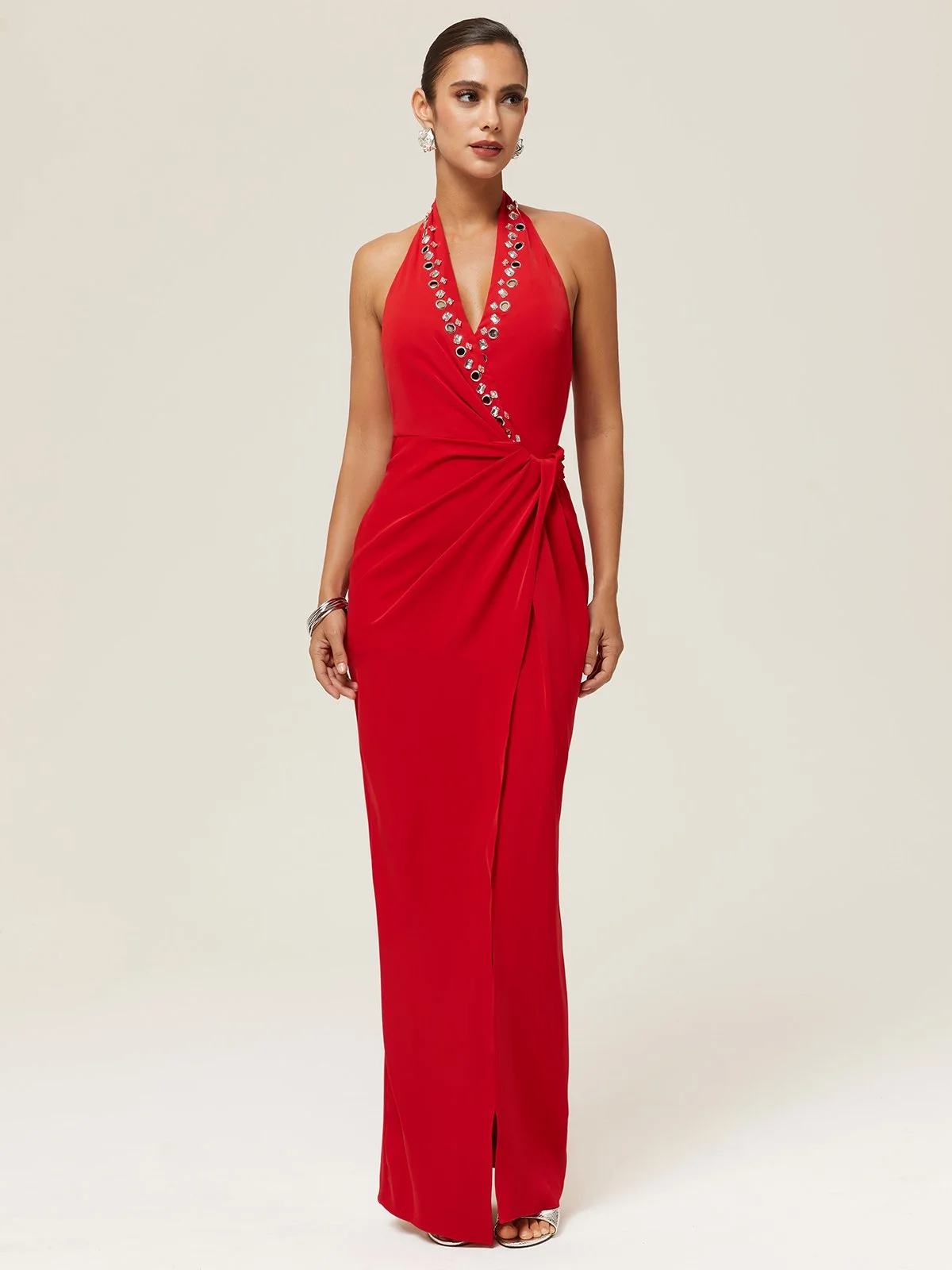 Red Halter Rhinestones Knot Front Slit Sheath Maxi Dress