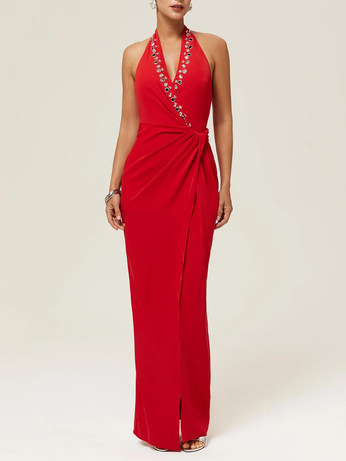 Red Halter Rhinestones Knot Front Slit Sheath Maxi Dress