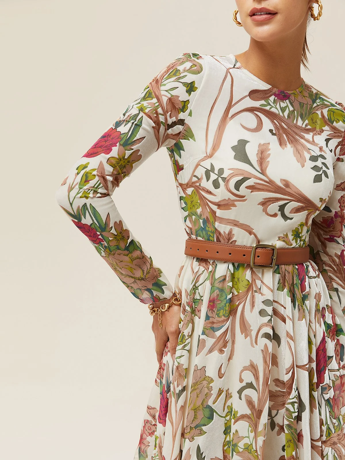 Off White Floral Long Sleeve A-Line Midi Dress