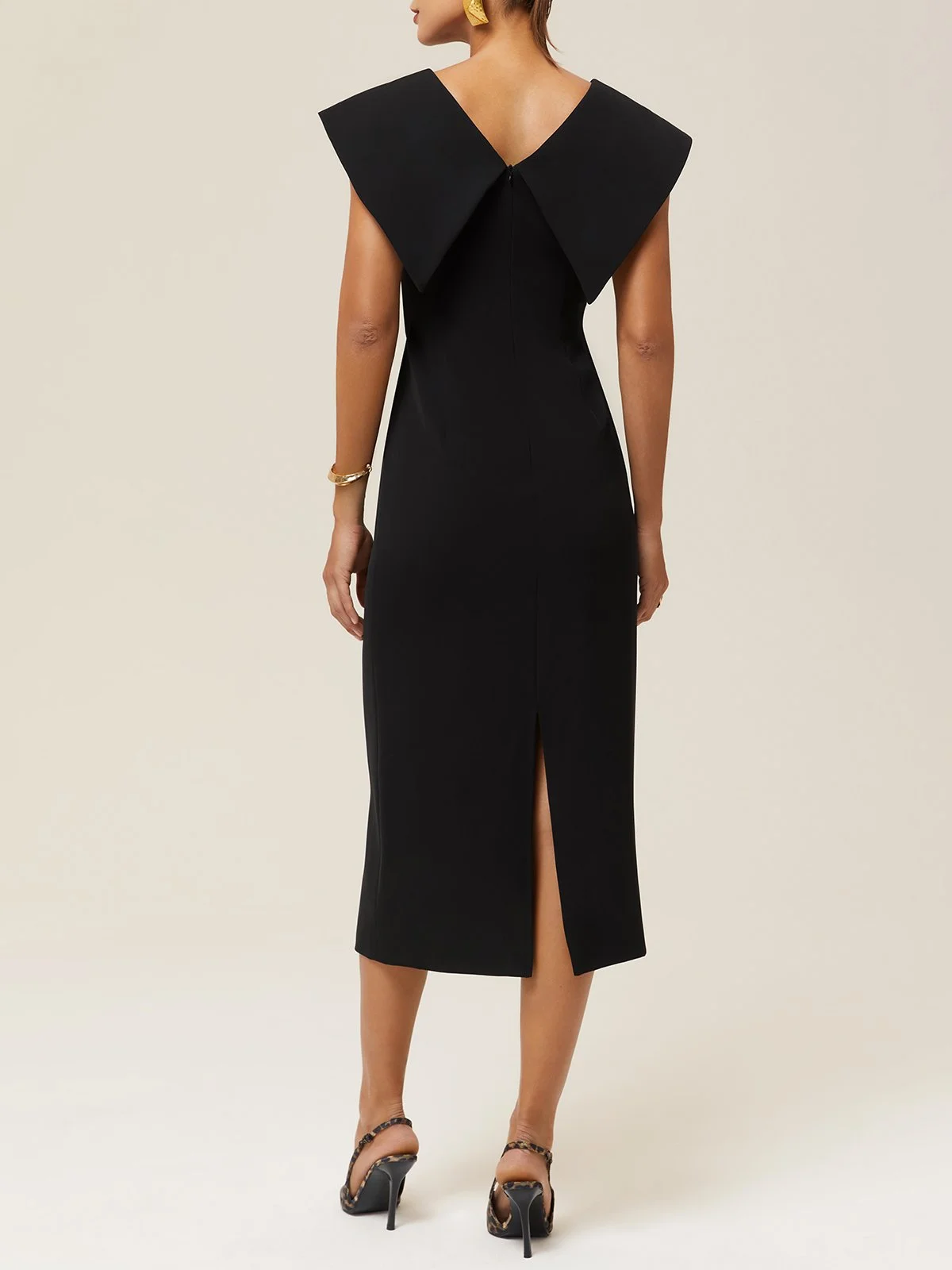 Black Shawl Collar Midi Sheath Dress 