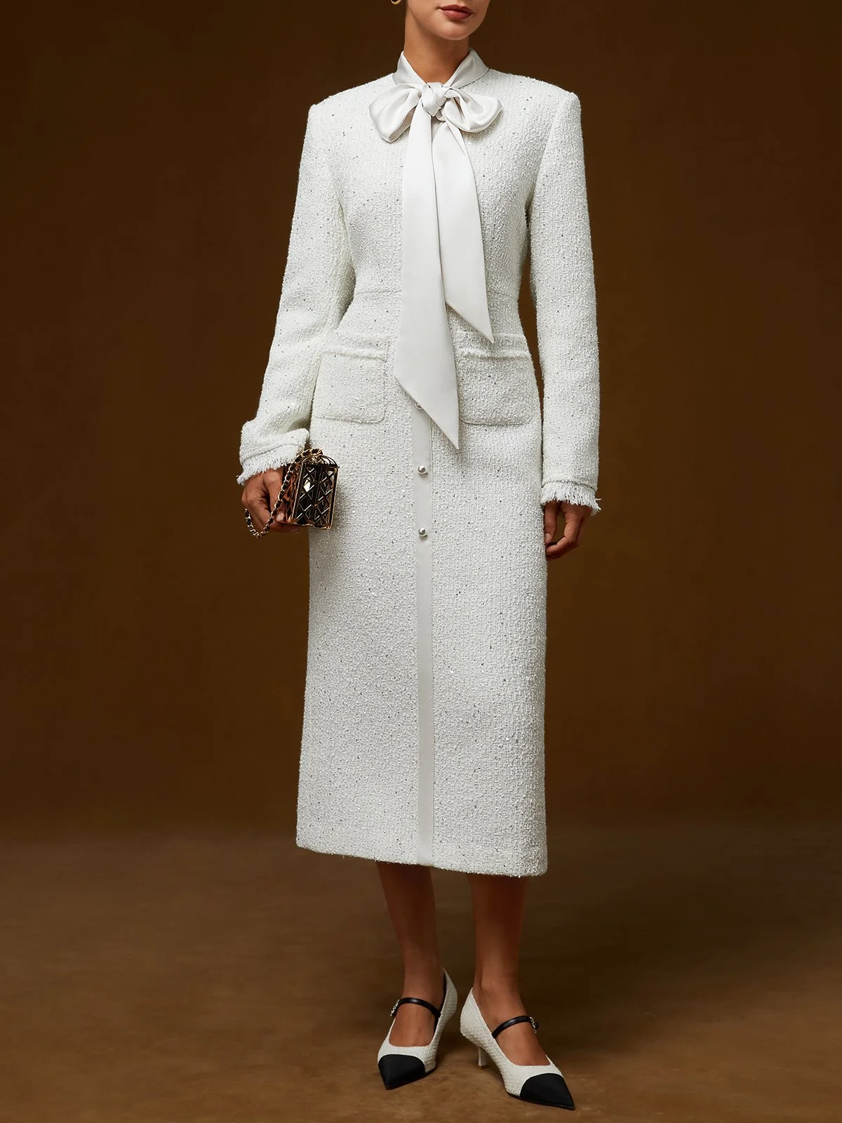 White Bow Long Sleeve Sheath Midi Tweed Blazer Dress