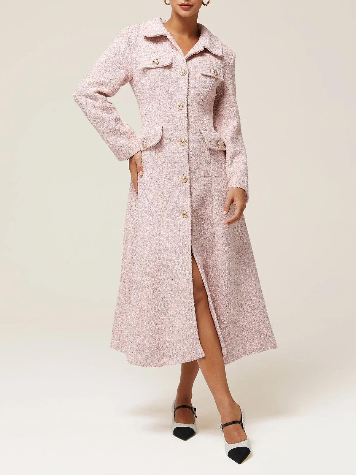 Pink Tweed Buckle Shawl Collar Long Sleeve A-Line Blazer Midi Dress