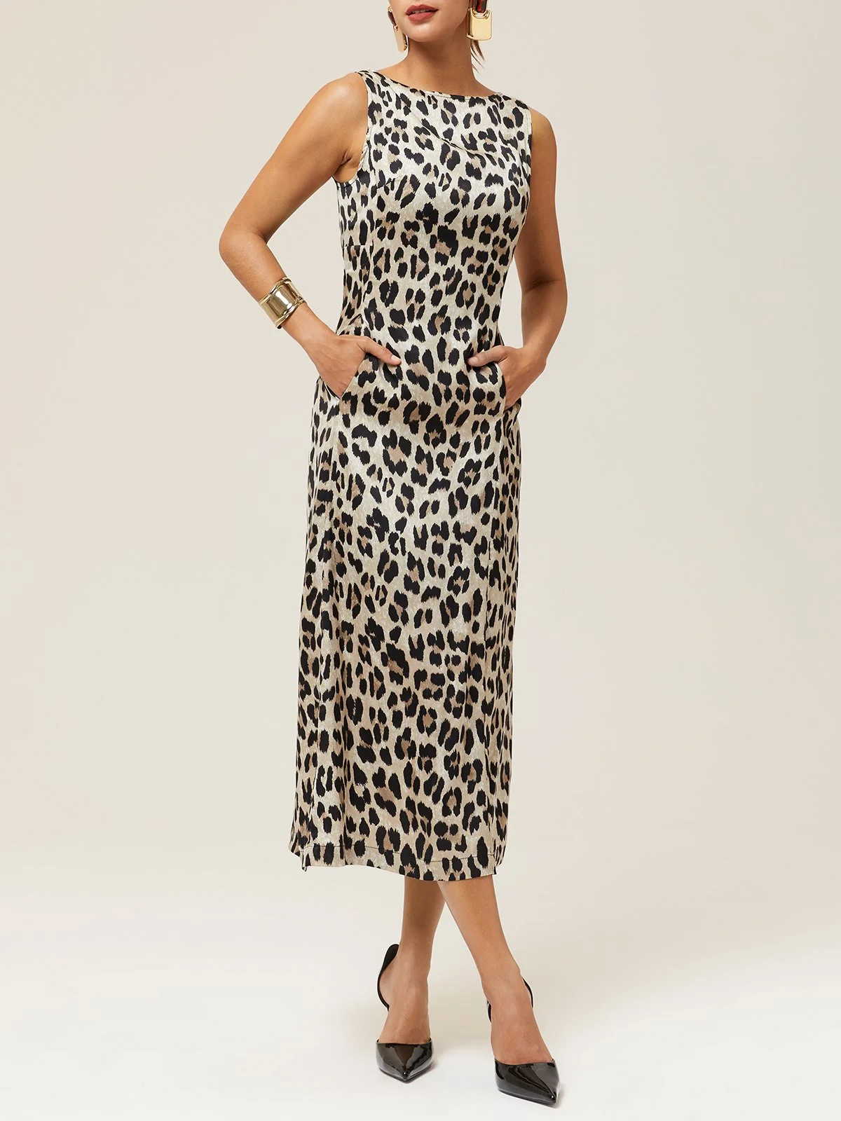 Brown Leopard Sleeveless A-Line Maxi Dress