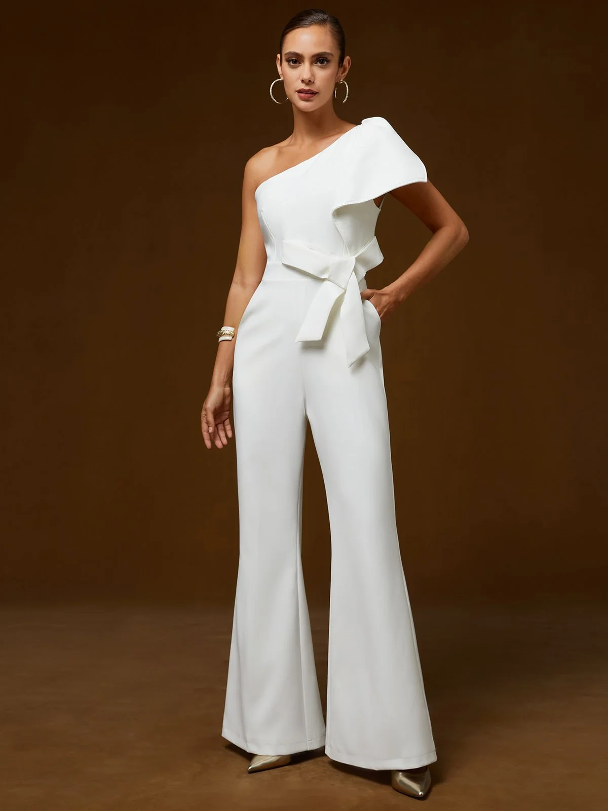 Women White Bow One Shoulder Jumpsuit