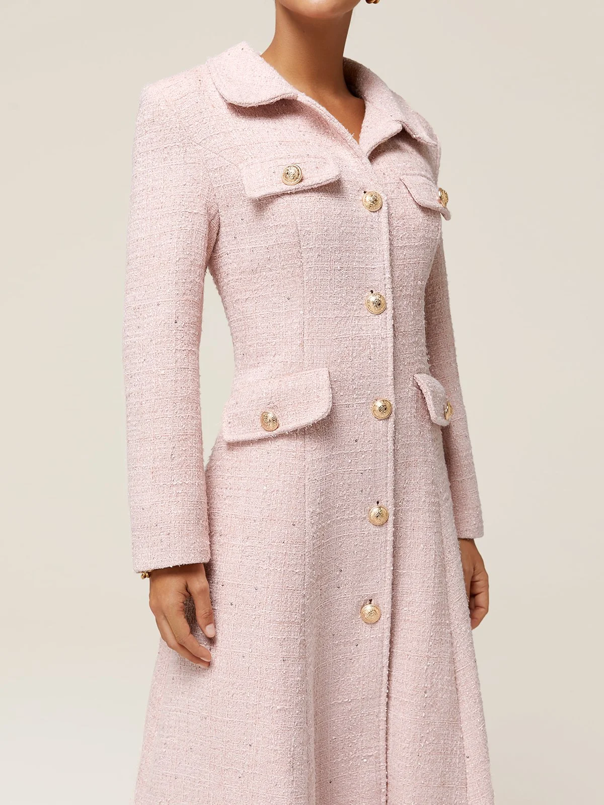 Pink Buckle Shawl CollarA-Line Blazer Midi Tweed Blazer Dress